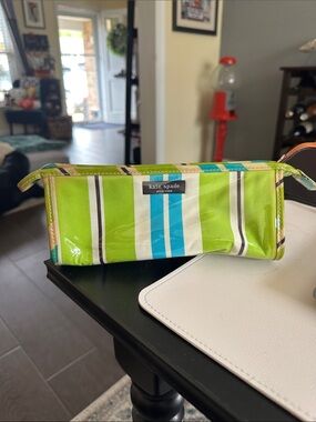 kate spade Striped Vinyl Cosmetic Pouch in Lime Green & Aqua